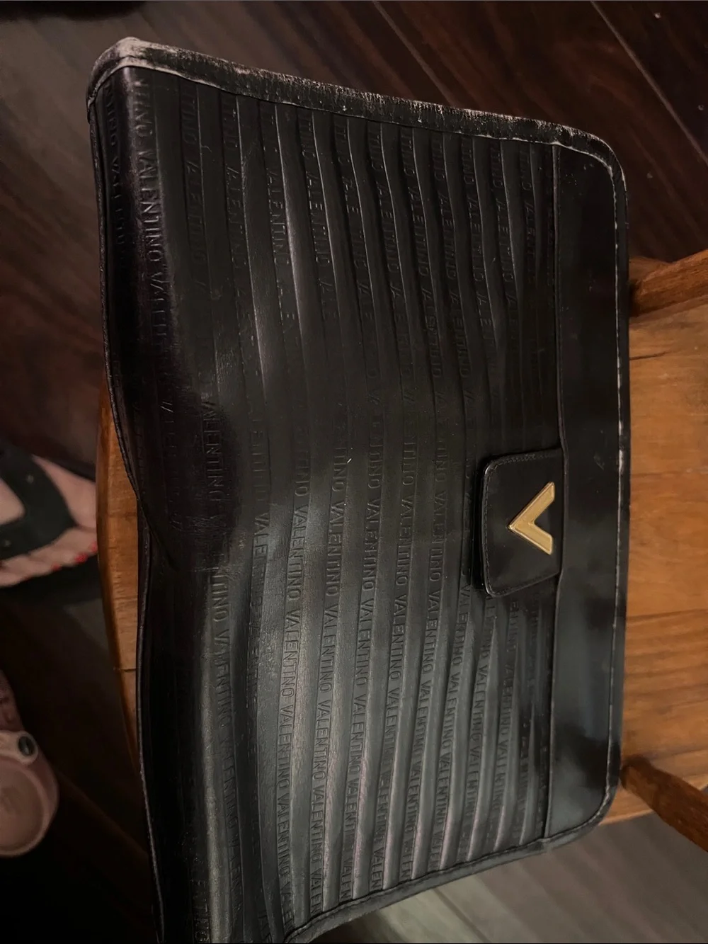 Valentino Black Leather Men's Laptop Document Case with Gold V Emblem